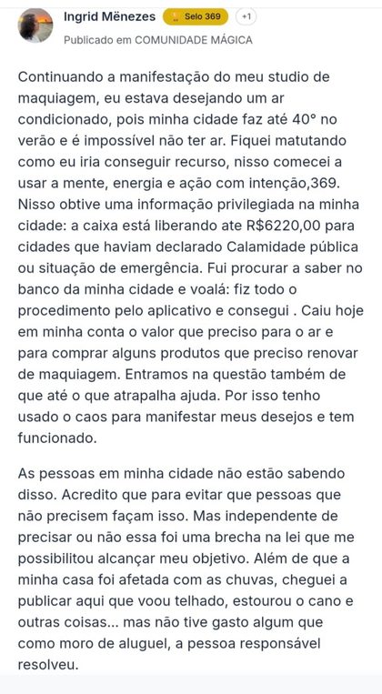 Depoimento da comunidade